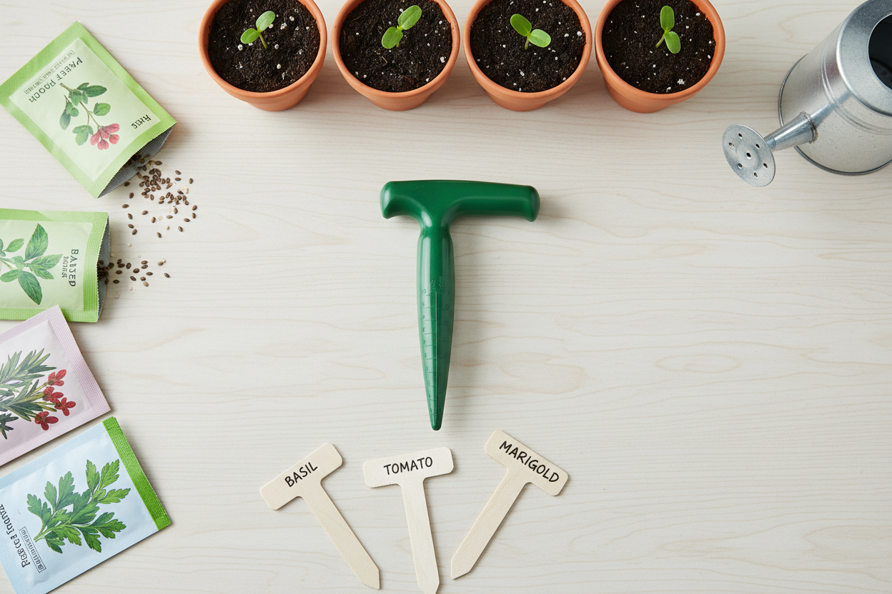 Overhead flat lay with seed starting kit